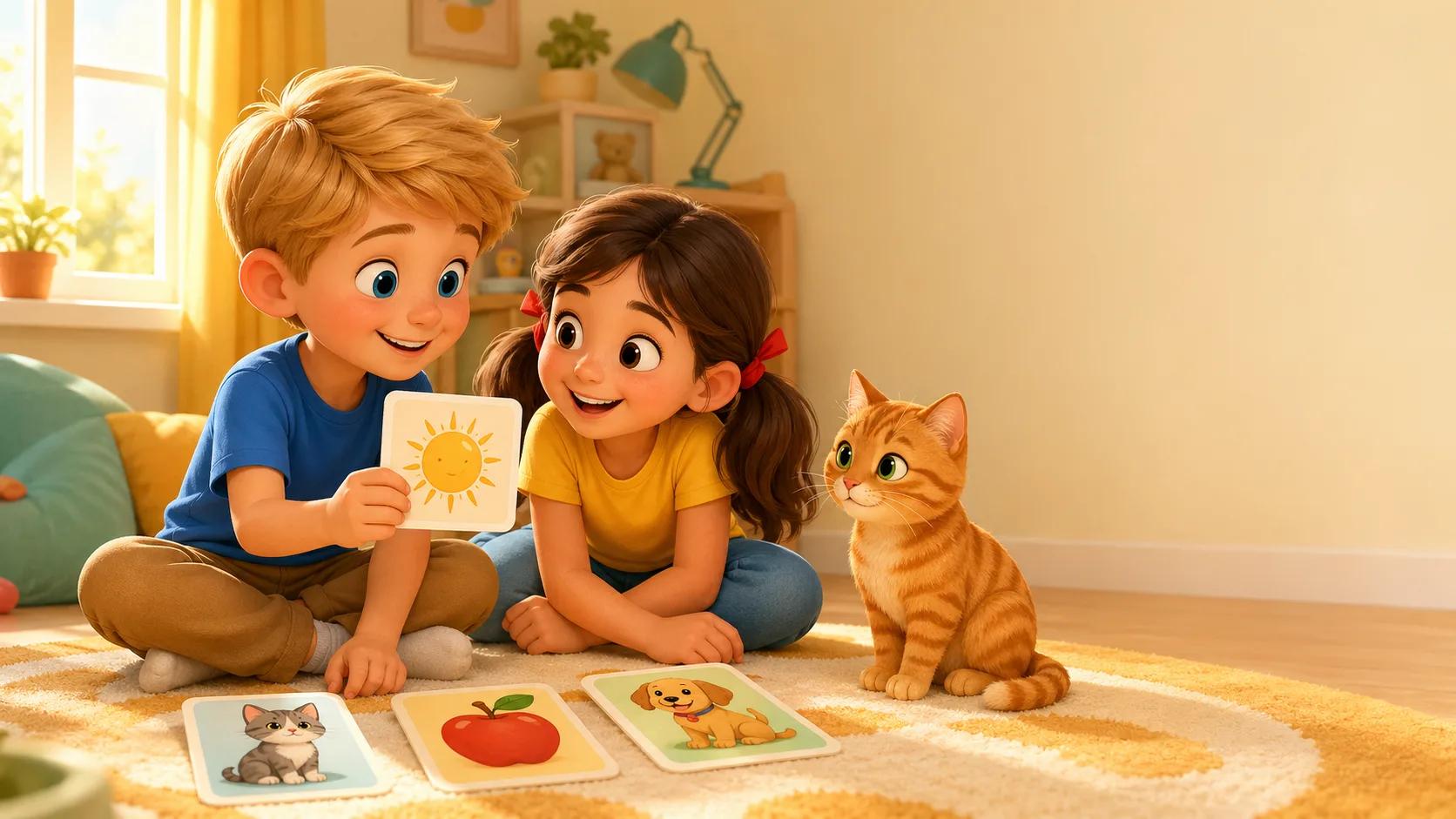 Рома и Маша рассматривают карточки с первыми английскими словами, рядом сидит рыжая кошка Мурка