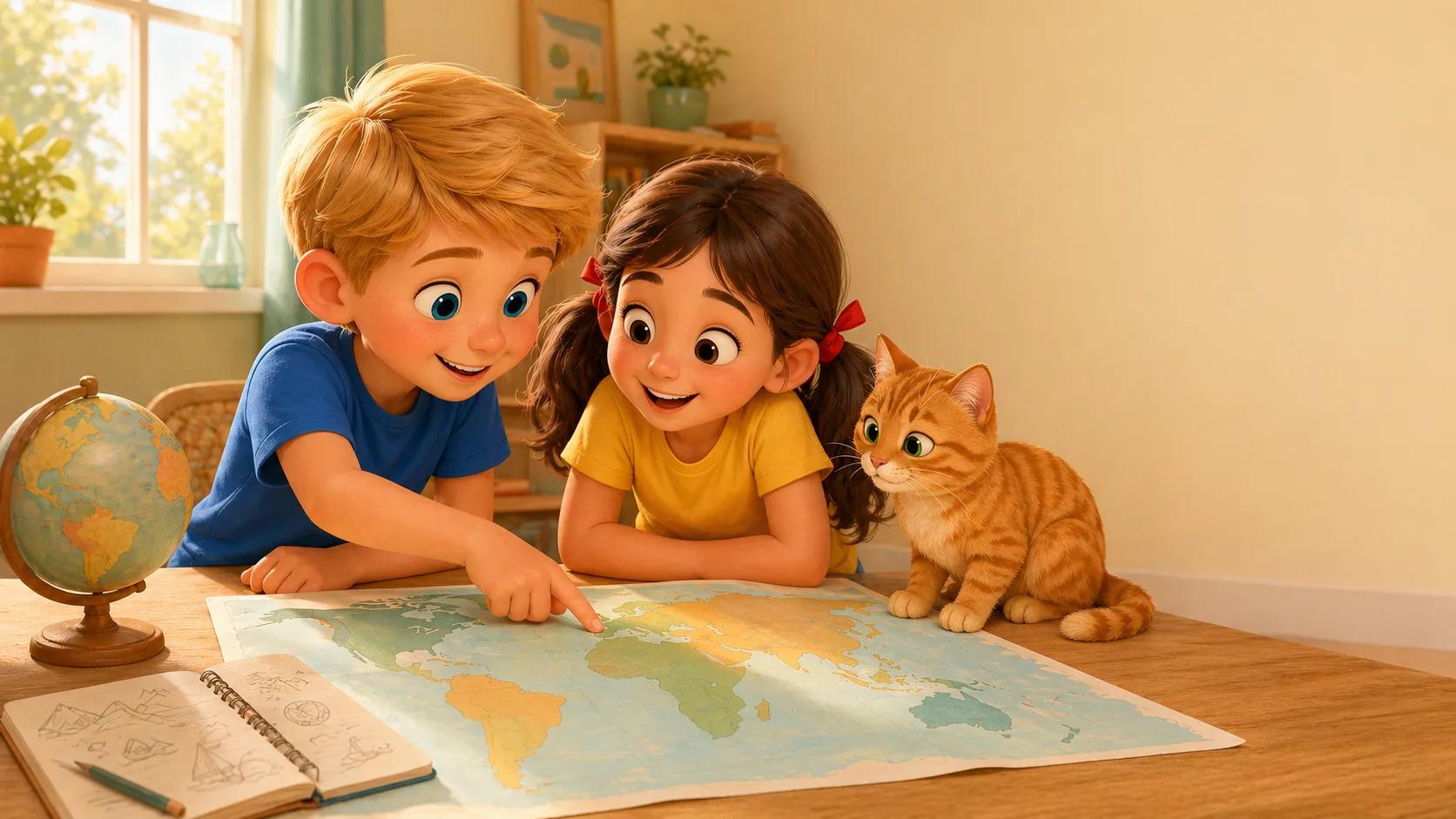 Рома и Маша рассматривают карту мира на столе с глобусом, рядом сидит Мурка — готовы к новым путешествиям