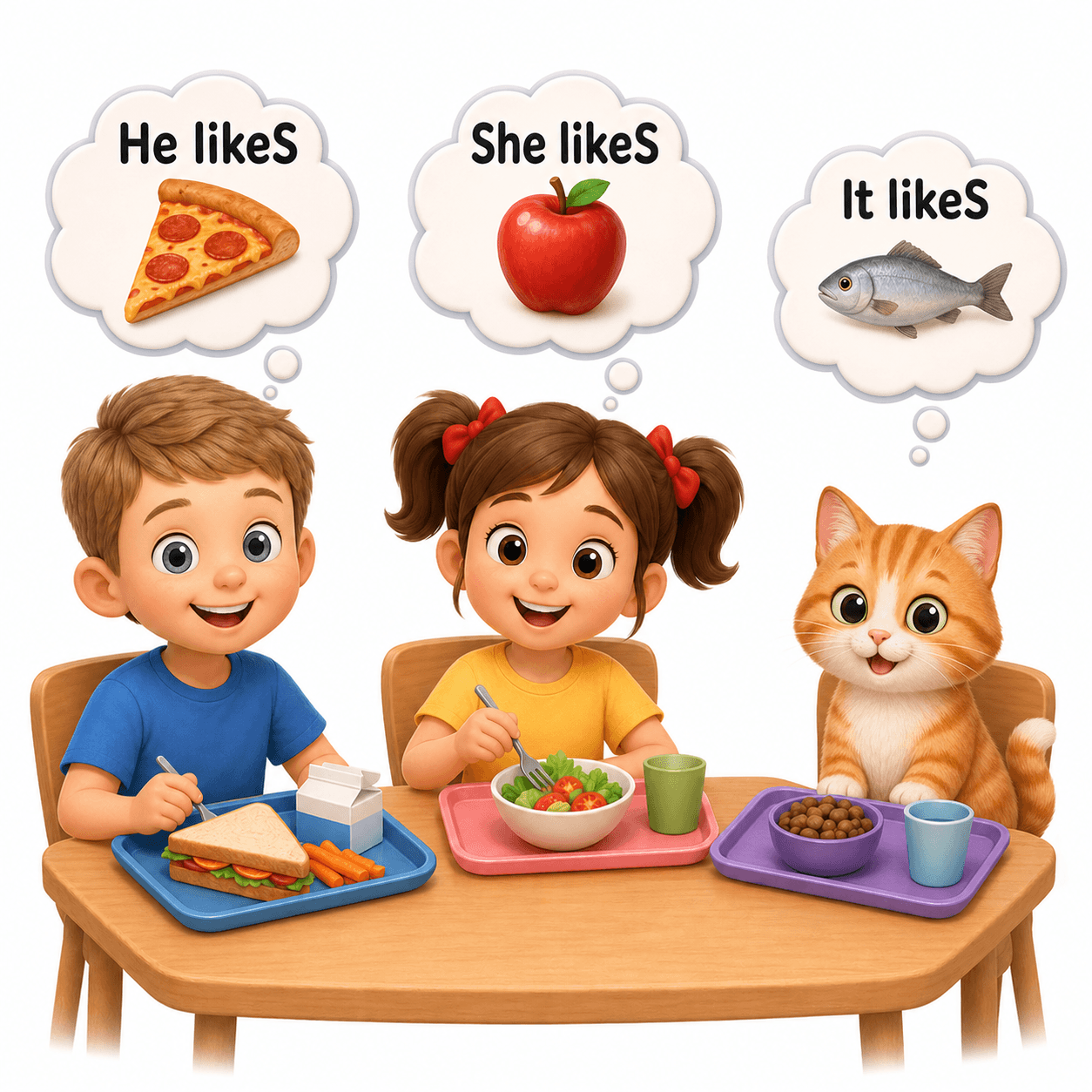 Иллюстрация в тёплом 3D-стиле: Рома, Маша и кот Мурка за обеденным столом учат фразы He likes / She likes / It likes