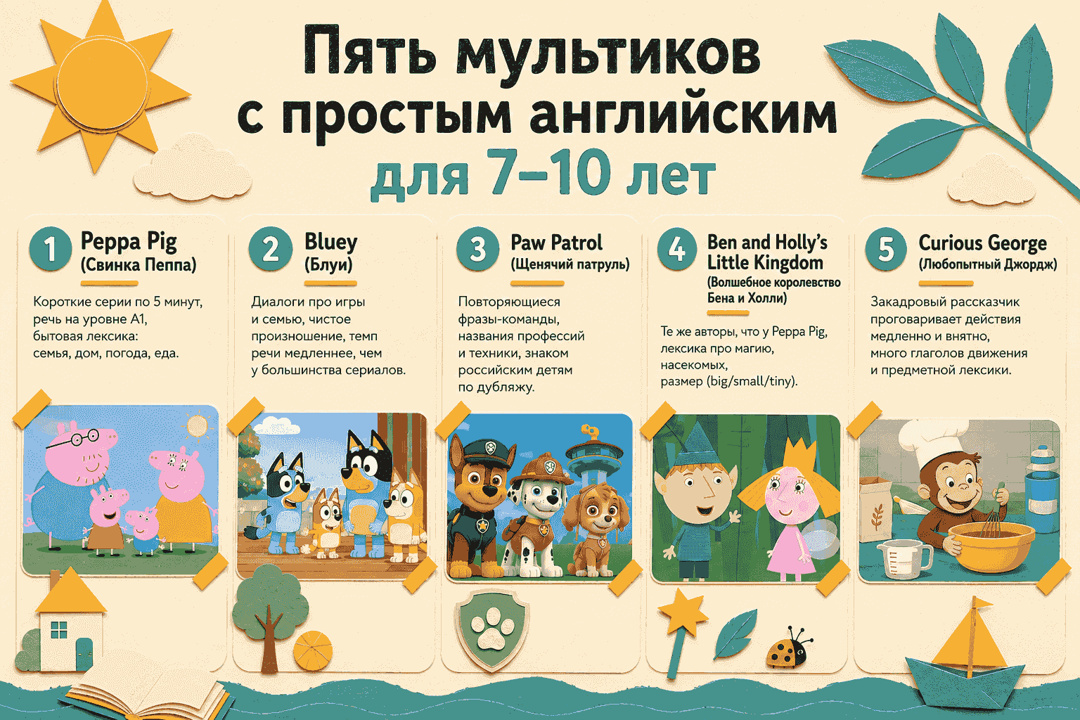 Пять мультиков на английском для детей 7-10 лет: Peppa Pig, Bluey, Paw Patrol, Ben and Holly, Curious George